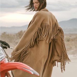 R13 Oversized Fringe Raw Cut Camel Coat XS